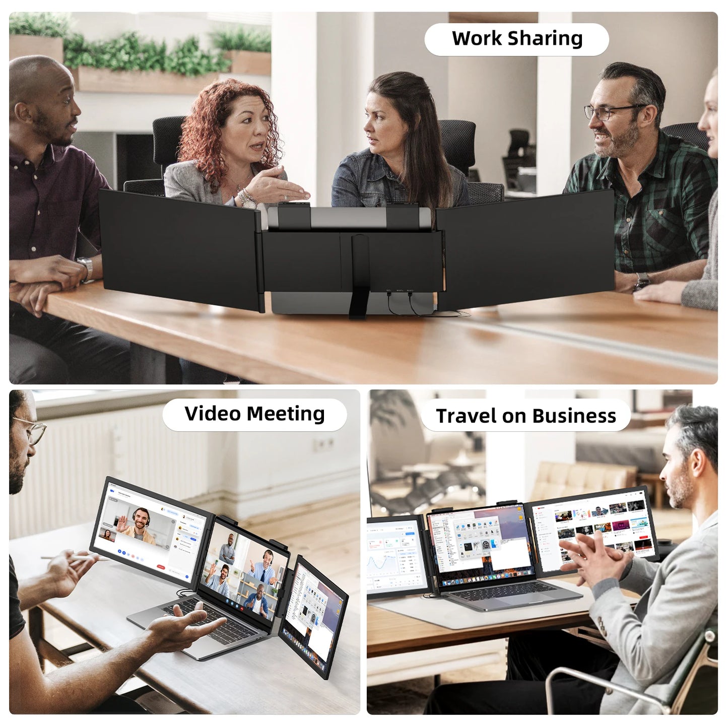 Amoudo 14″ Triple Screen Laptop Extender IPS Monitor | FHD 1920×1080 | USB-C Plug & Play | Portable Dual Screen