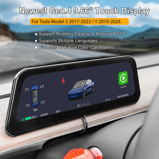 Onlysay 9.66″ Tesla Instrument Cluster Display for Model 3 & Model Y – Wireless CarPlay & Android Auto, Blind Spot Warning, OTA Updates