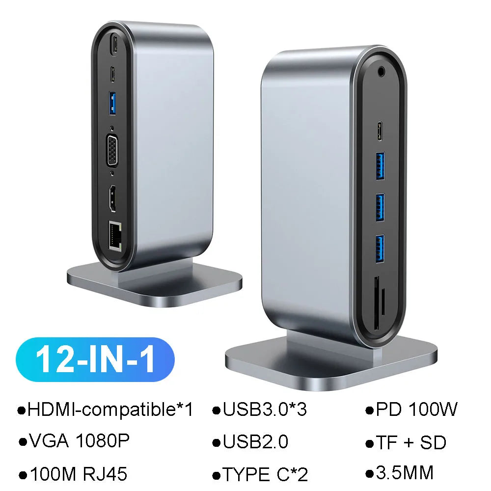 12-in-1 USB-C Docking Station – 4K HDMI, 100W PD, RJ45, Card Reader Hub