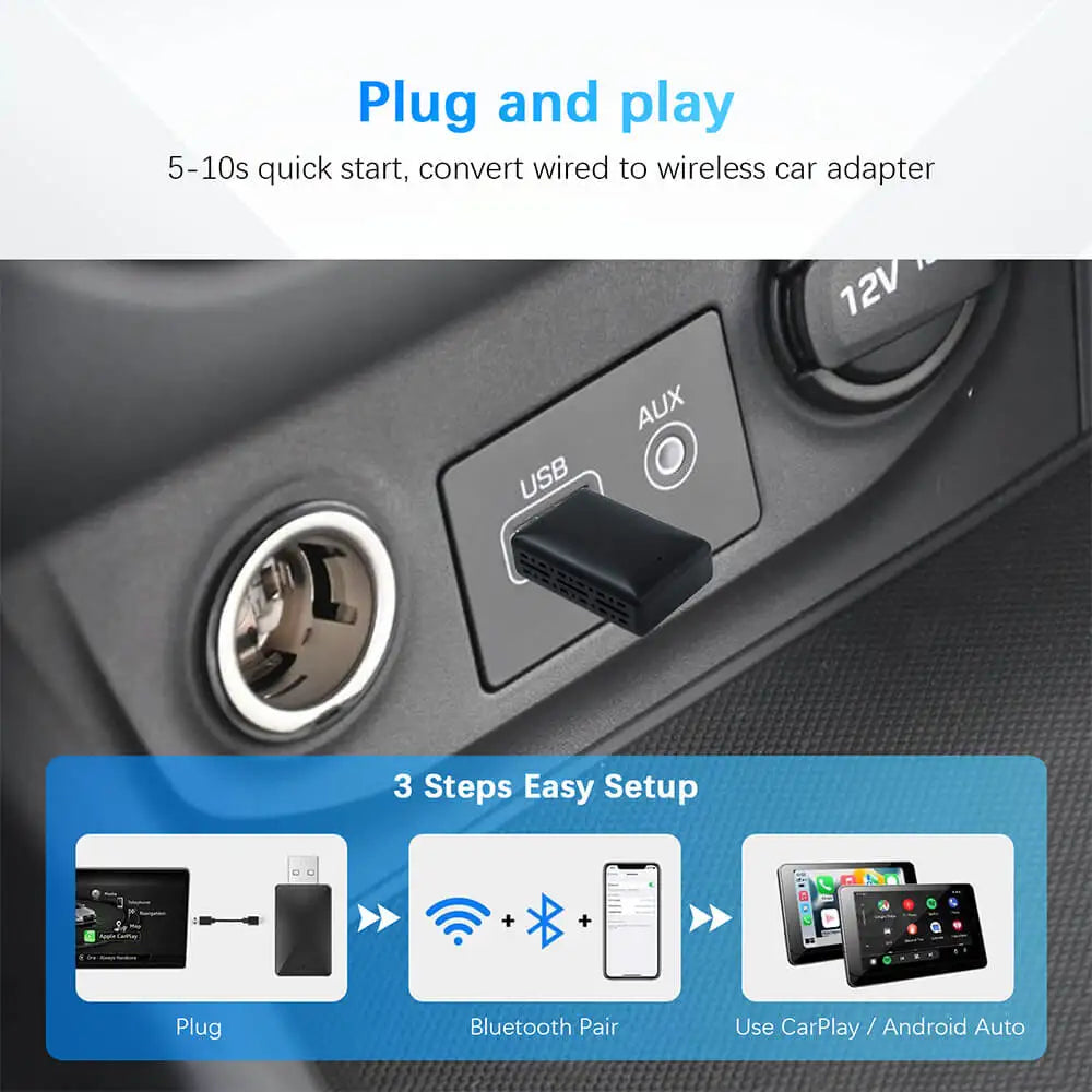 EzoneTronics Ultra-Mini 2-in-1 Wireless CarPlay & Android Auto Adapter – 5.8GHz Plug & Play
