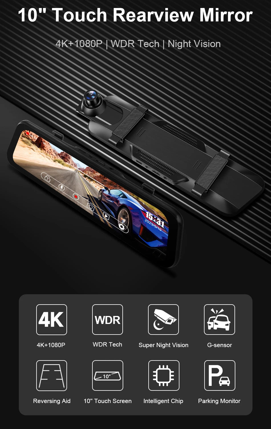 10″ 4K Rearview Mirror Dash Cam with WiFi & GPS – Front 4K + Rear 1080P Streaming DVR