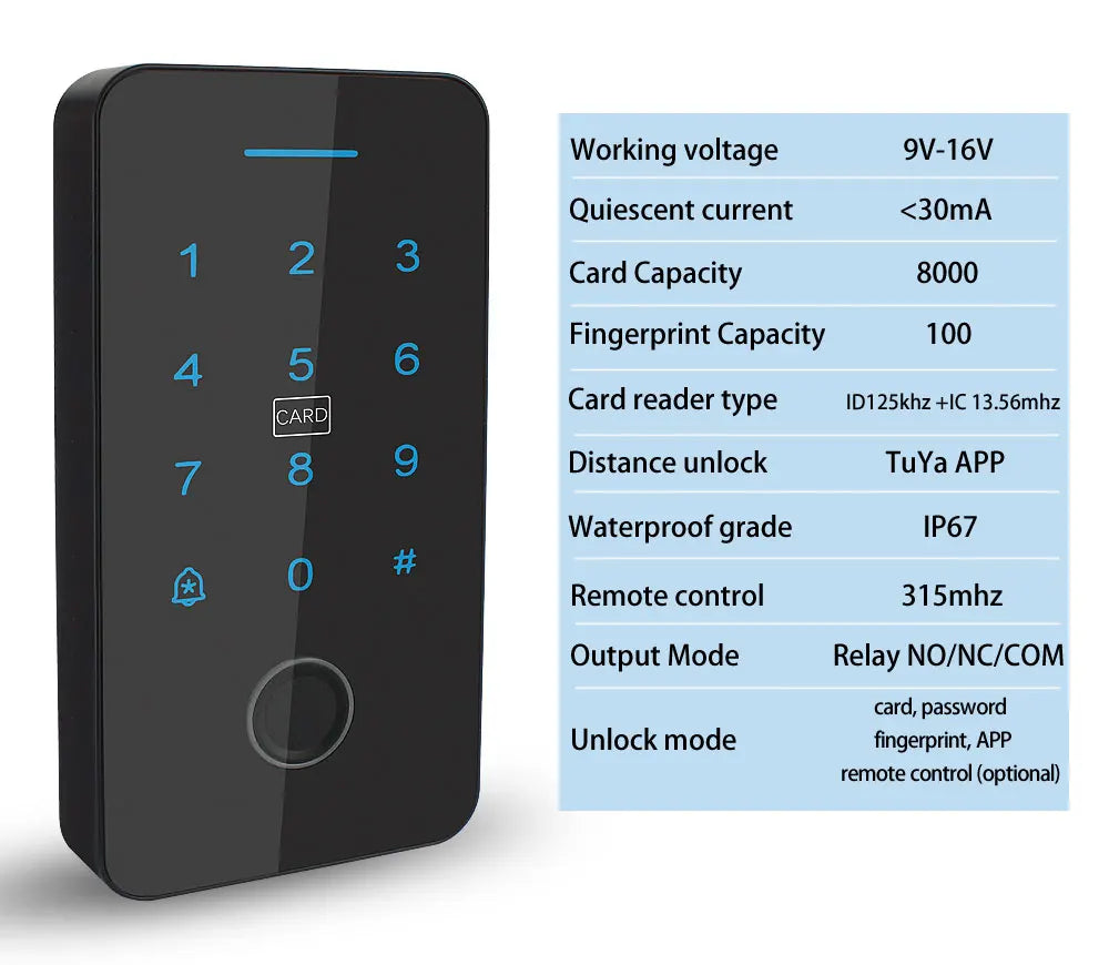 Smart Access Control Keypad with Fingerprint – Tuya App, IP67 Outdoor RFID Panel