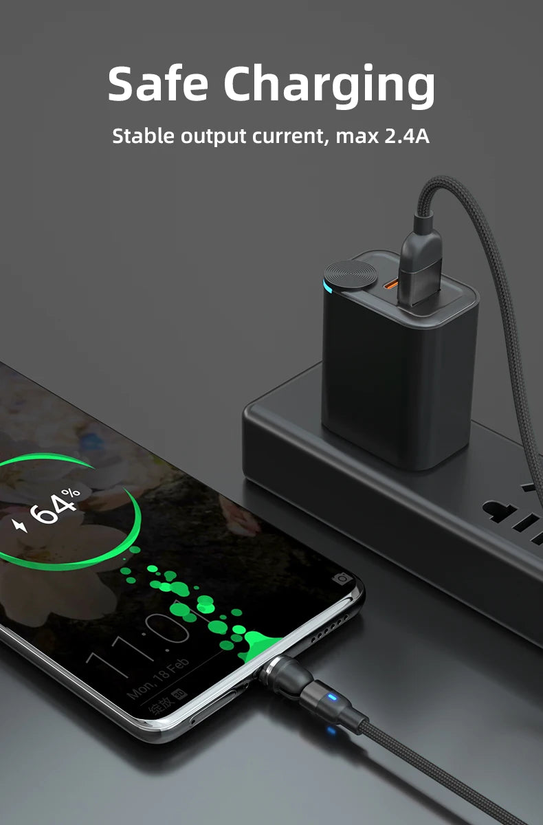 540° Rotating Magnetic Charging Cable | 3-in-1 USB-A to Type-C / Micro USB / Lightning