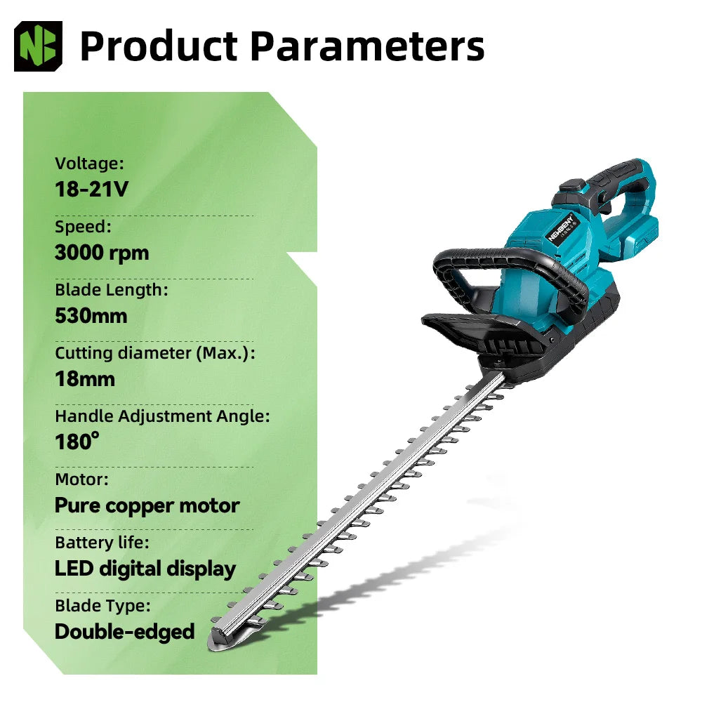 NewBeny Cordless Hedge Trimmer 18-21V – 530mm Dual Blade, 3000RPM Electric Trimmer (No Battery)