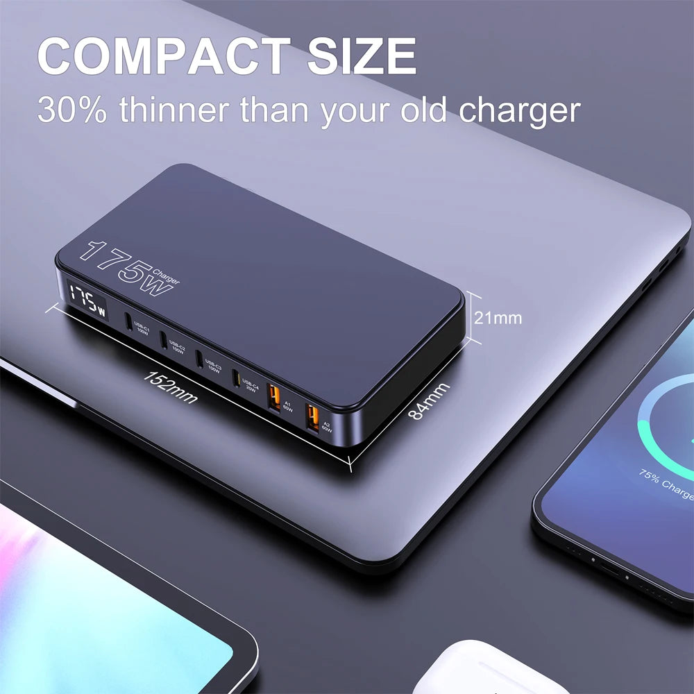 175W USB-C GaN Desktop Charger – LED Display, PD 100W, QC 60W Multi-Device
