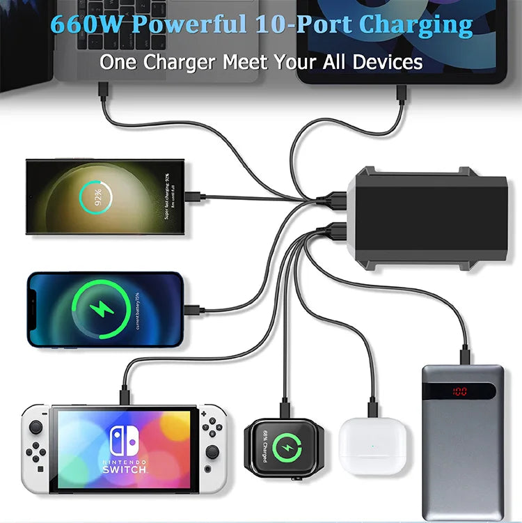 10-in-1 660W USB-C Power Hub – Multi-Device Fast Charging Station with Global Plugs
