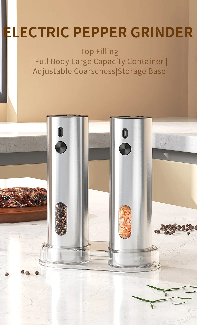 Electric Salt & Pepper Grinder Set – USB Rechargeable Stainless Steel Mills with 6-Level External Coarseness & LED Light (110ml)