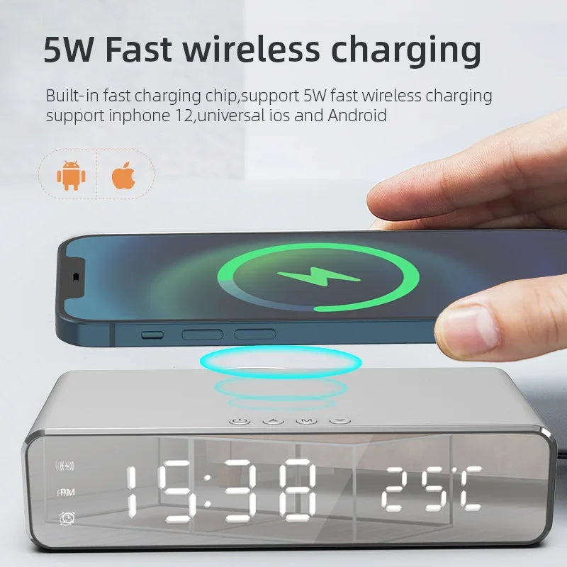 Opansten Wireless Charging Alarm Clock – 5W Qi Charger with Time, Temperature & LED Display