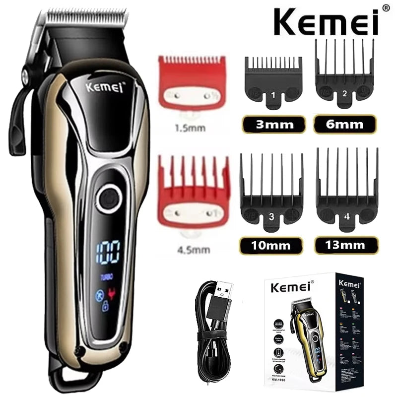 Kemei KM-1990 Electric Hair Trimmer – Digital Display, Fast Charging, Wet & Dry