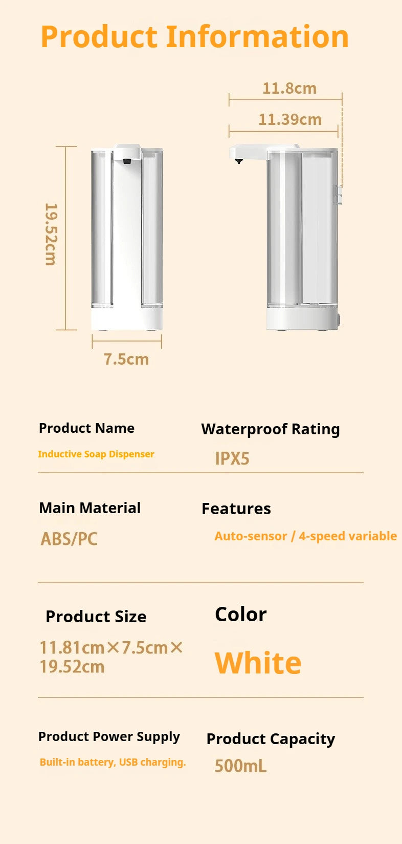Automatic Touchless Liquid Soap Dispenser 500ml | Infrared Sensor | IPX5 Waterproof