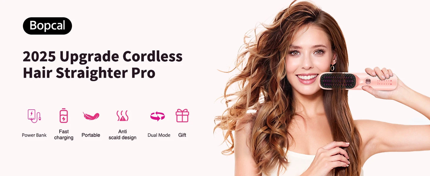 Cordless Hair Straightener Brush – Wireless, Adjustable Heat, Travel-Ready