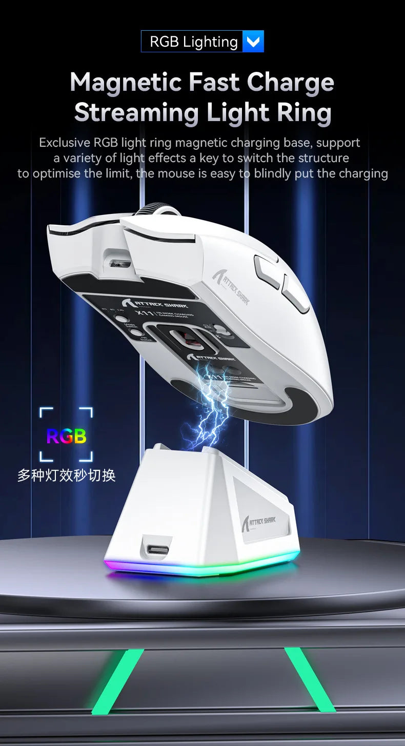 Attack Shark X11 Triple-Mode Wireless Gaming Mouse – PAW3395, 22,000 DPI, Magnetic Charging Dock