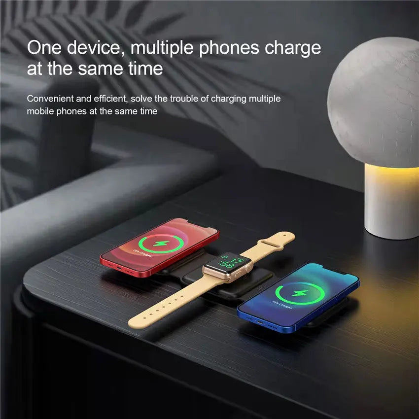 VIKEFON 3-in-1 Magnetic Wireless Charger 15W | Foldable Fast Charging Stand for iPhone, Apple Watch & AirPods