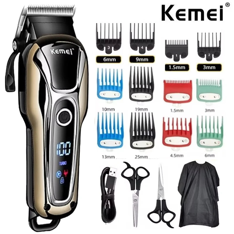 Kemei KM-1990 Electric Hair Trimmer – Digital Display, Fast Charging, Wet & Dry