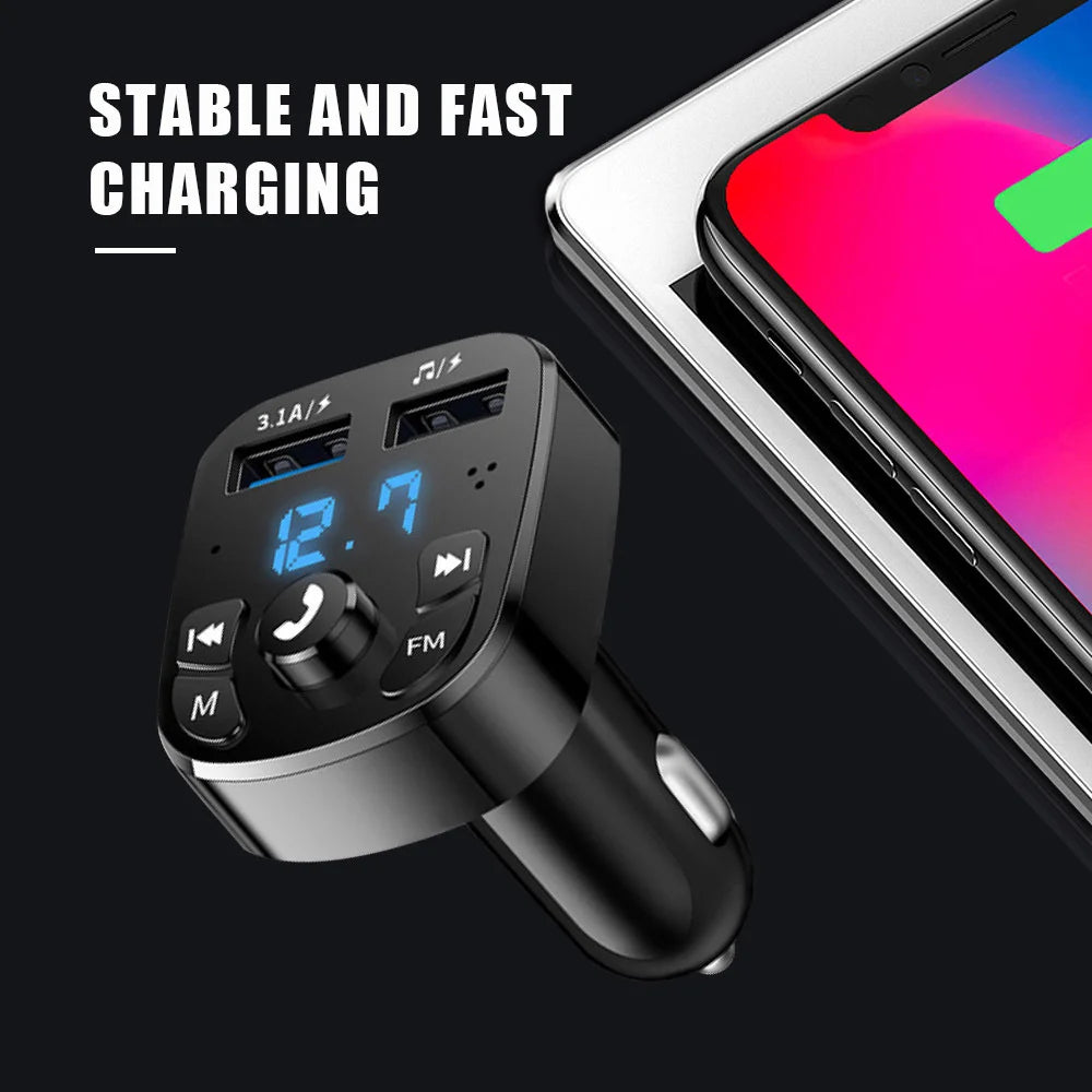 Bluetooth 5.0 Car FM Transmitter with Dual USB Fast Charging, Hands-Free Calls & LED Voltage Display (12V–24V)
