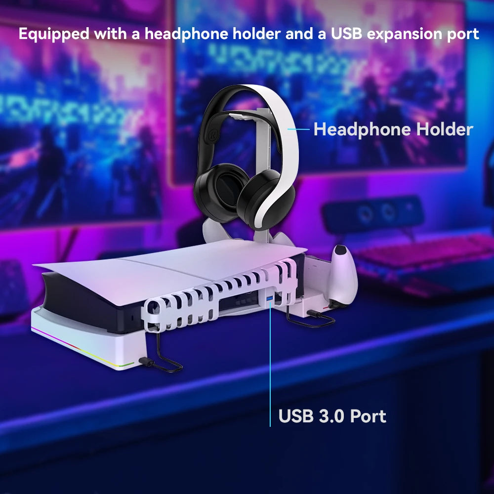 PS5 Slim Cooling Station – Dual Controller Charger, RGB Effects & Headset Holder