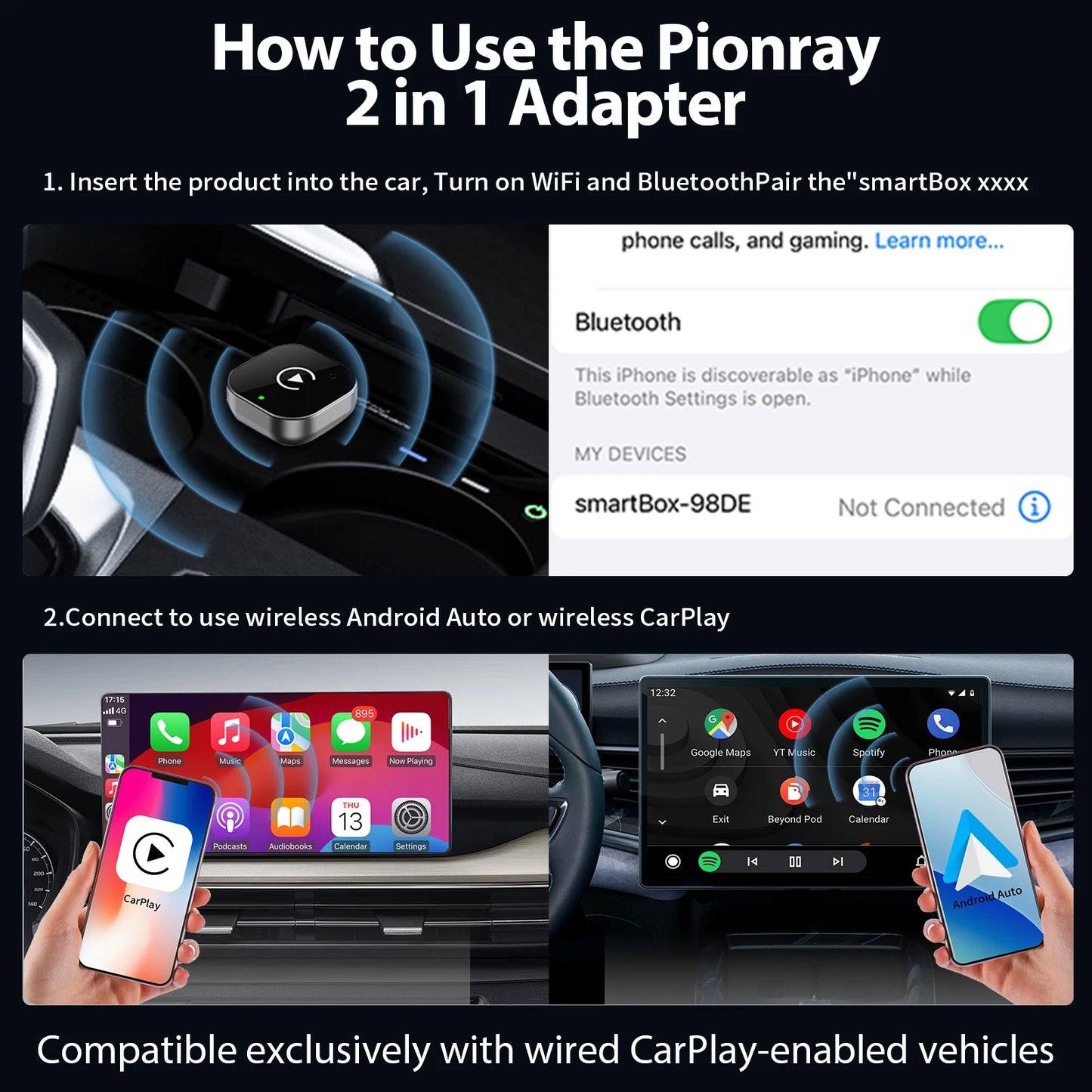 PIONRAY 2-in-1 Wireless CarPlay & Android Auto Adapter – Plug & Play 5.8GHz WiFi