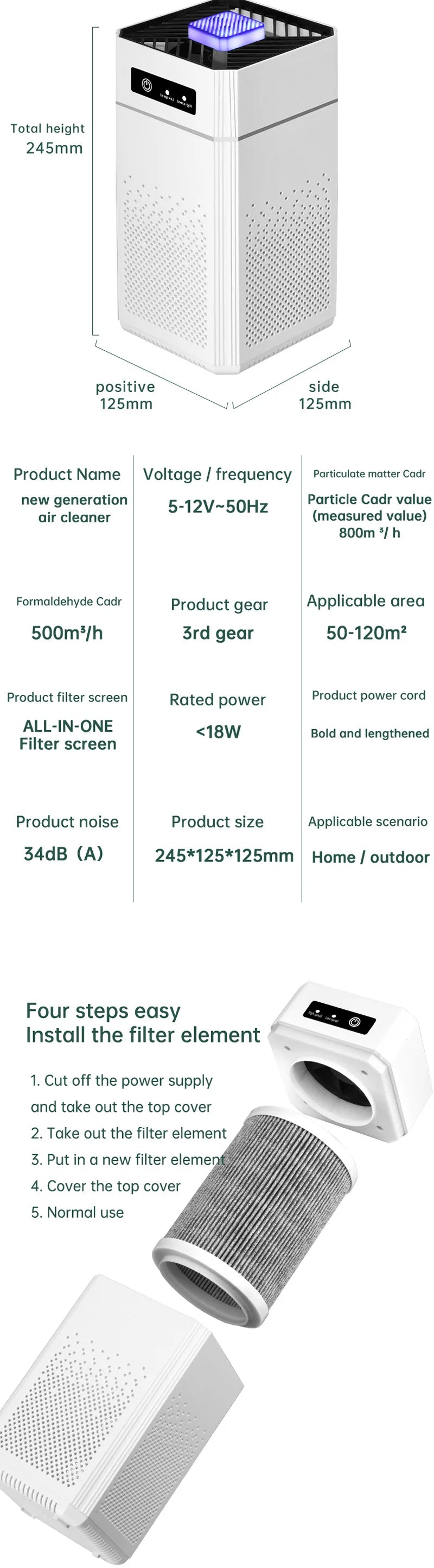 ROFAELEC High-Power Air Purifier – 300m³/h HEPA Filtration, Solar & USB, Ultra-Quiet