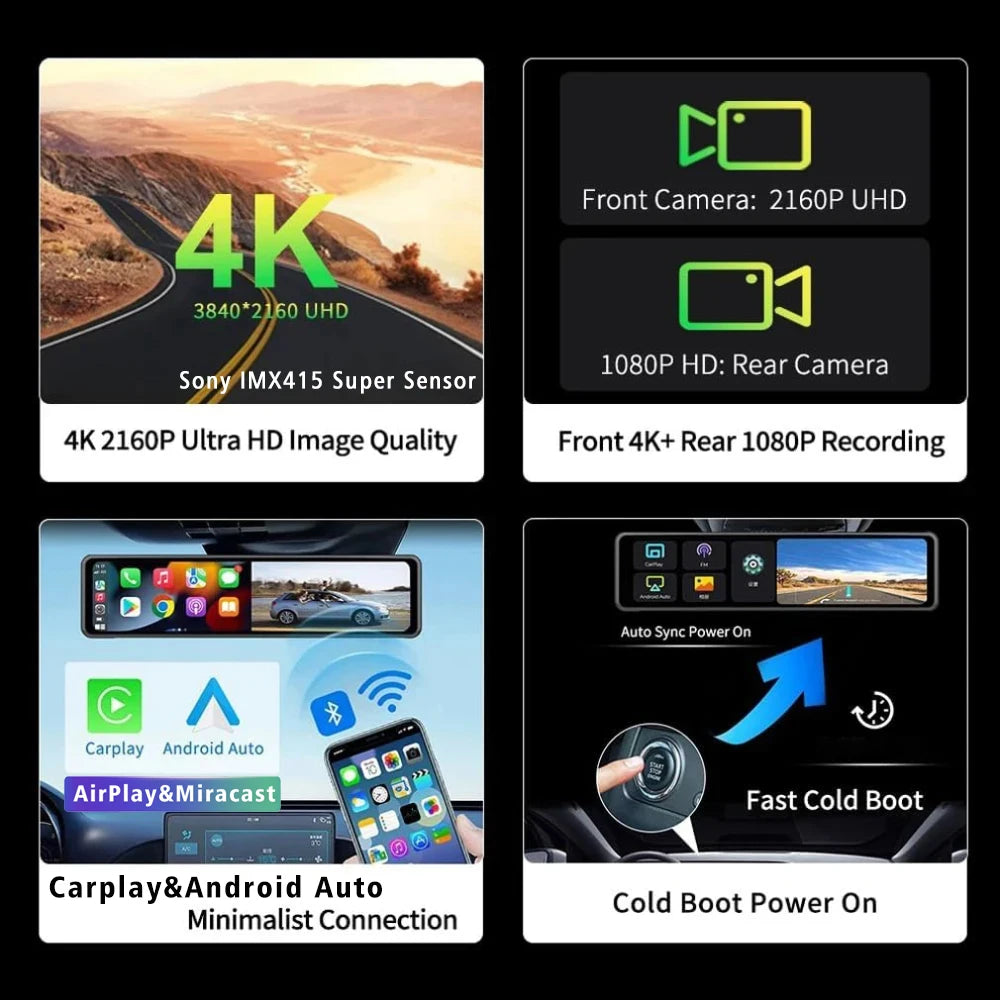 11.26” 4K Rearview Mirror DVR | CarPlay, Android Auto, GPS Ready