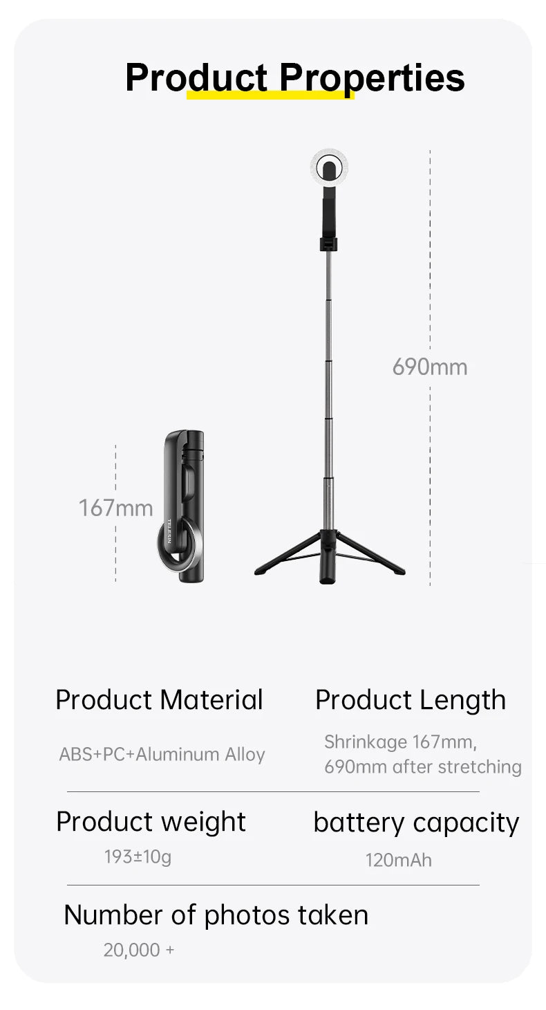 Magnetic Selfie Stick Tripod for iPhone – Bluetooth Remote & 360° Rotation