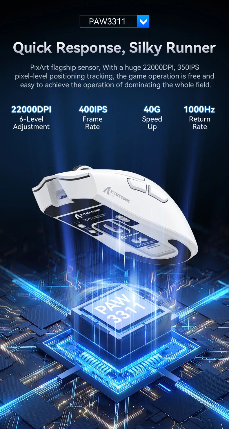 Attack Shark X11 Triple-Mode Wireless Gaming Mouse – PAW3395, 22,000 DPI, Magnetic Charging Dock