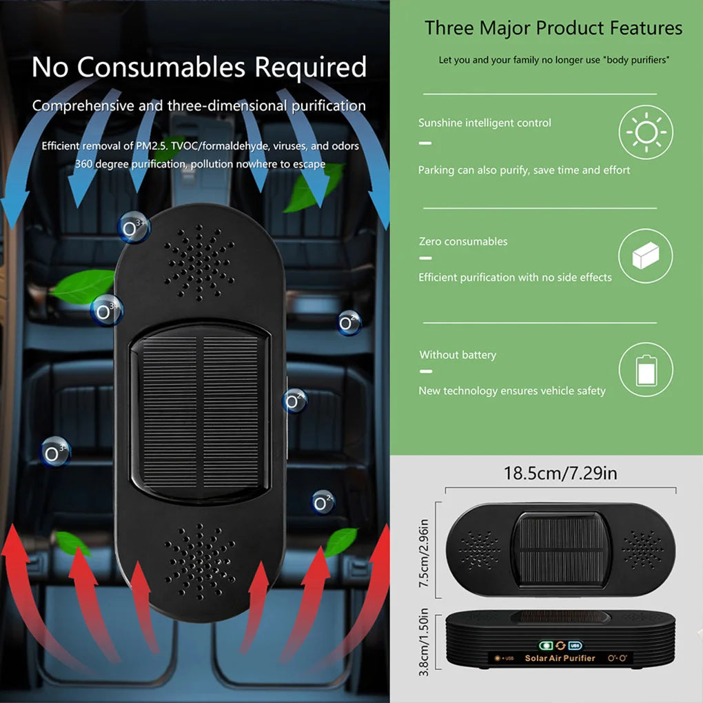 Solar USB Car Air Purifier – Dual-Mode Ion & Active Oxygen Ozone Cleaner with Auto Power Switch
