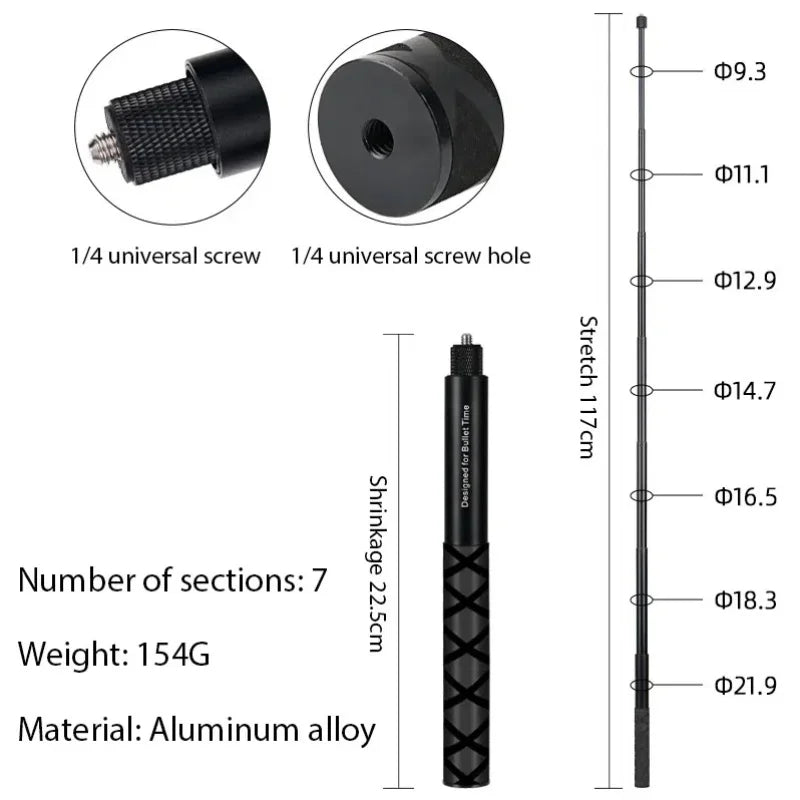 Ultra-Long 1.2m Invisible Selfie Stick for 360° Action Cameras