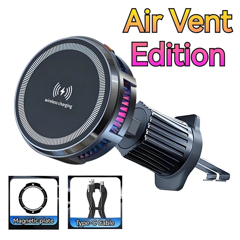 15W Magnetic Wireless Charger Car Mount with Semiconductor Cooling & RGB