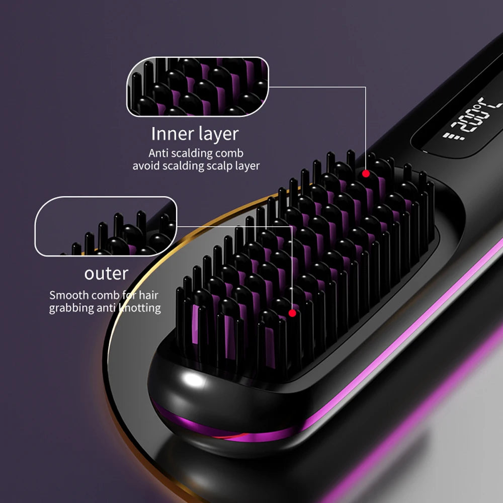 Cordless Hair Straightener Brush – Wireless Ceramic Heated Comb with Ions