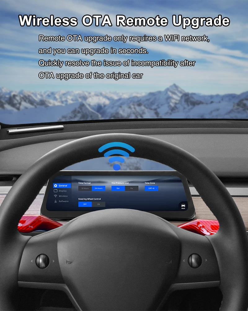 Onlysay 9.66″ Tesla Instrument Cluster Display for Model 3 & Model Y – Wireless CarPlay & Android Auto, Blind Spot Warning, OTA Updates