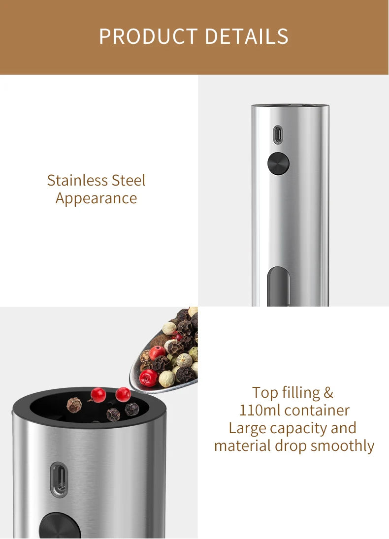 Electric Salt & Pepper Grinder Set – USB Rechargeable Stainless Steel Mills with 6-Level External Coarseness & LED Light (110ml)