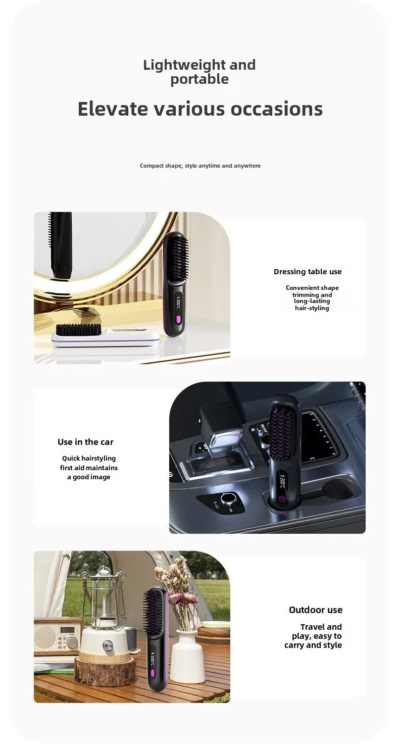 Cordless LCD Hair Straightener Comb – USB Rechargeable, Portable Anti-Scald Styling Brush