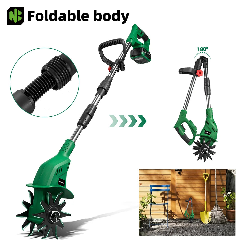 NewBeny Cordless Garden Cultivator 21V 1600W High Power Tiller with 150mm Blade