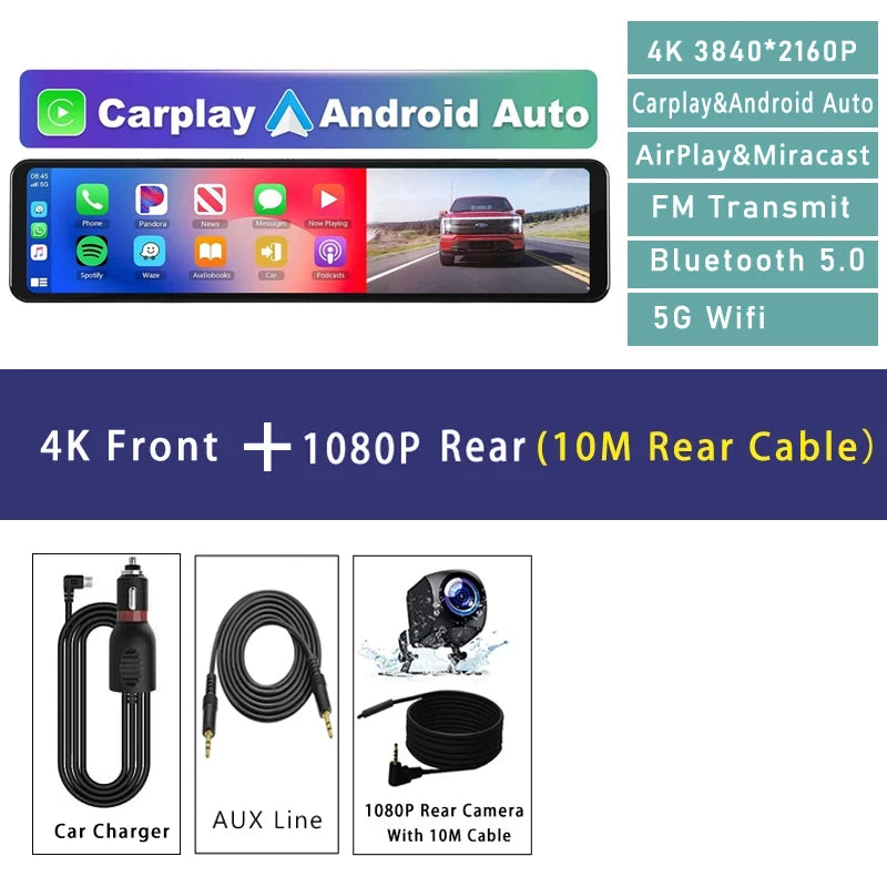 11.26” 4K Rearview Mirror DVR | CarPlay, Android Auto, GPS Ready