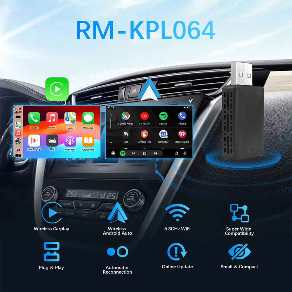 EzoneTronics Ultra-Mini 2-in-1 Wireless CarPlay & Android Auto Adapter – 5.8GHz Plug & Play