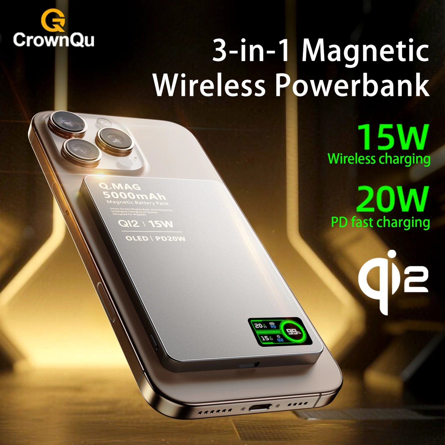 Magnetic Wireless Power Bank 5000/10000mAh – 3-in-1 Fast Charger with Digital Display