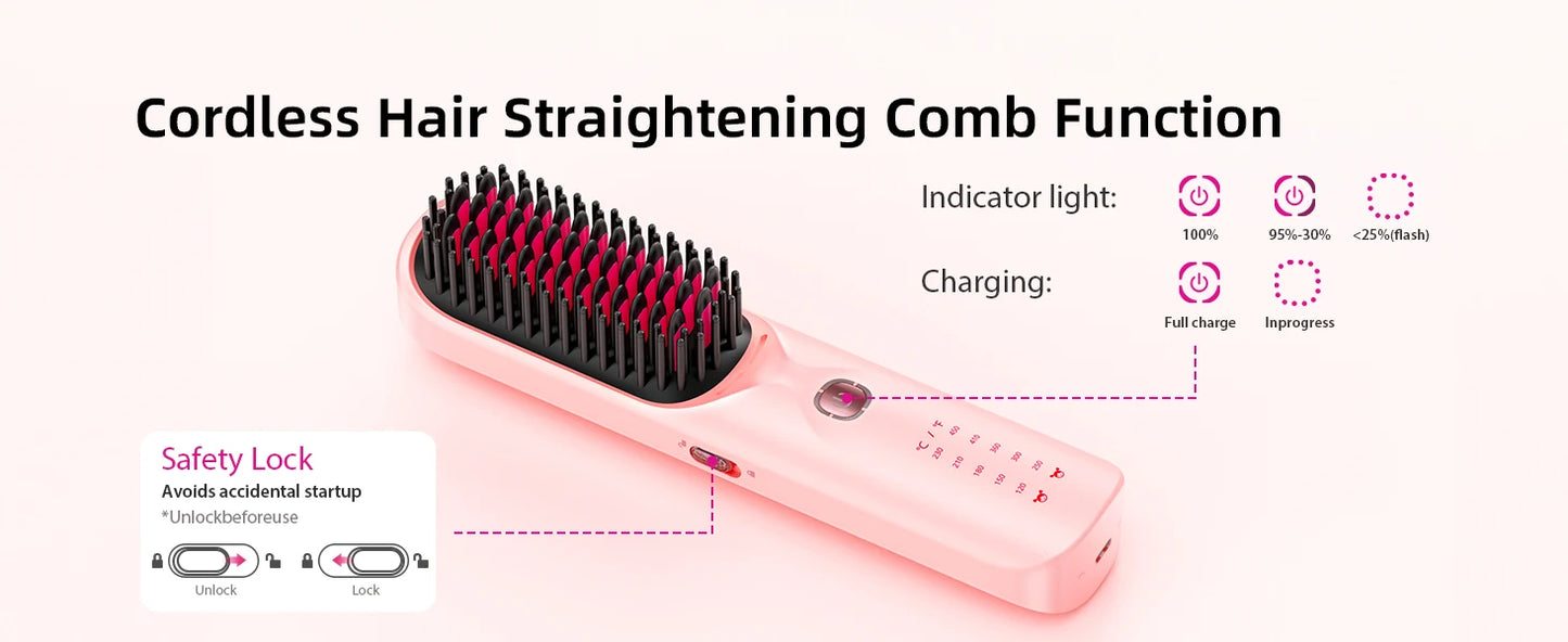 Cordless Hair Straightener Brush – Wireless, Adjustable Heat, Travel-Ready