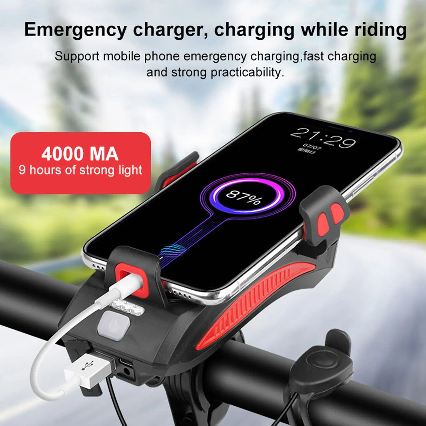 4-in-1 Bicycle Phone Holder with Headlight, Horn & 4000mAh Power Bank
