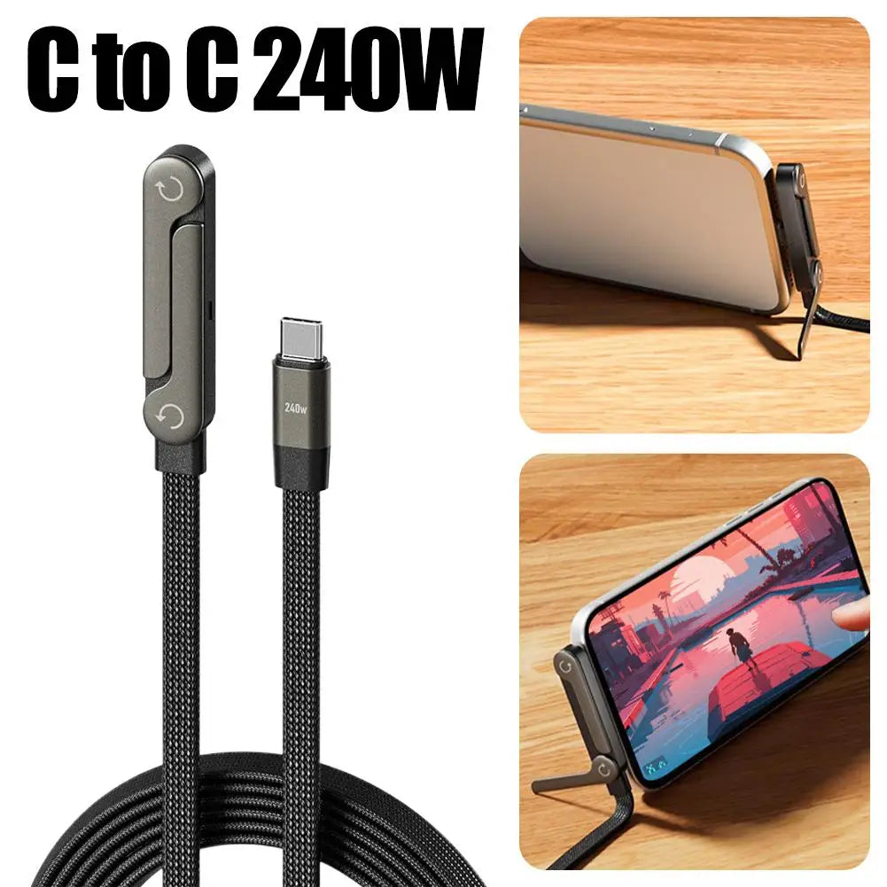 240W USB-C Fast Charging Cable with Built-In Phone Stand – 90° Angled Type-C