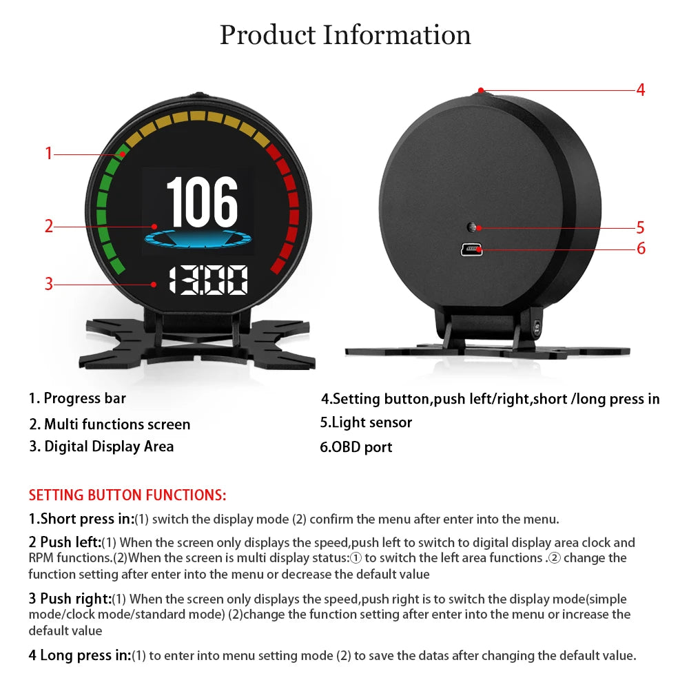 P15 OBD Smart Head-Up Display – Digital Speedometer, RPM, Water & Oil Temperature, Turbo Pressure, OBD2 Multi-Function HUD