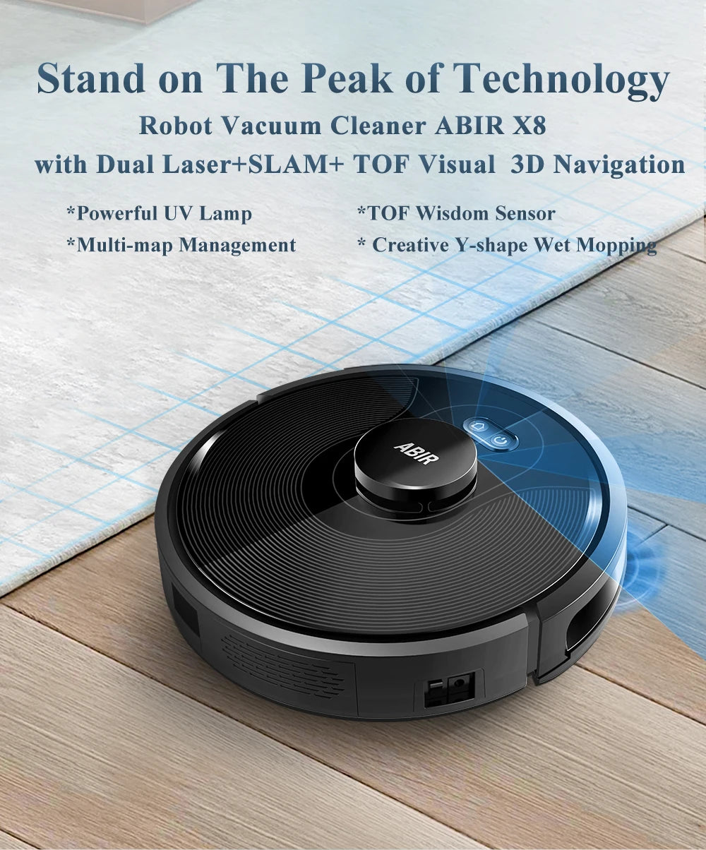 ABIR X8 Smart Robot Vacuum Cleaner – Dual Laser SLAM, Y-Shape Mopping, 3-Year Warranty