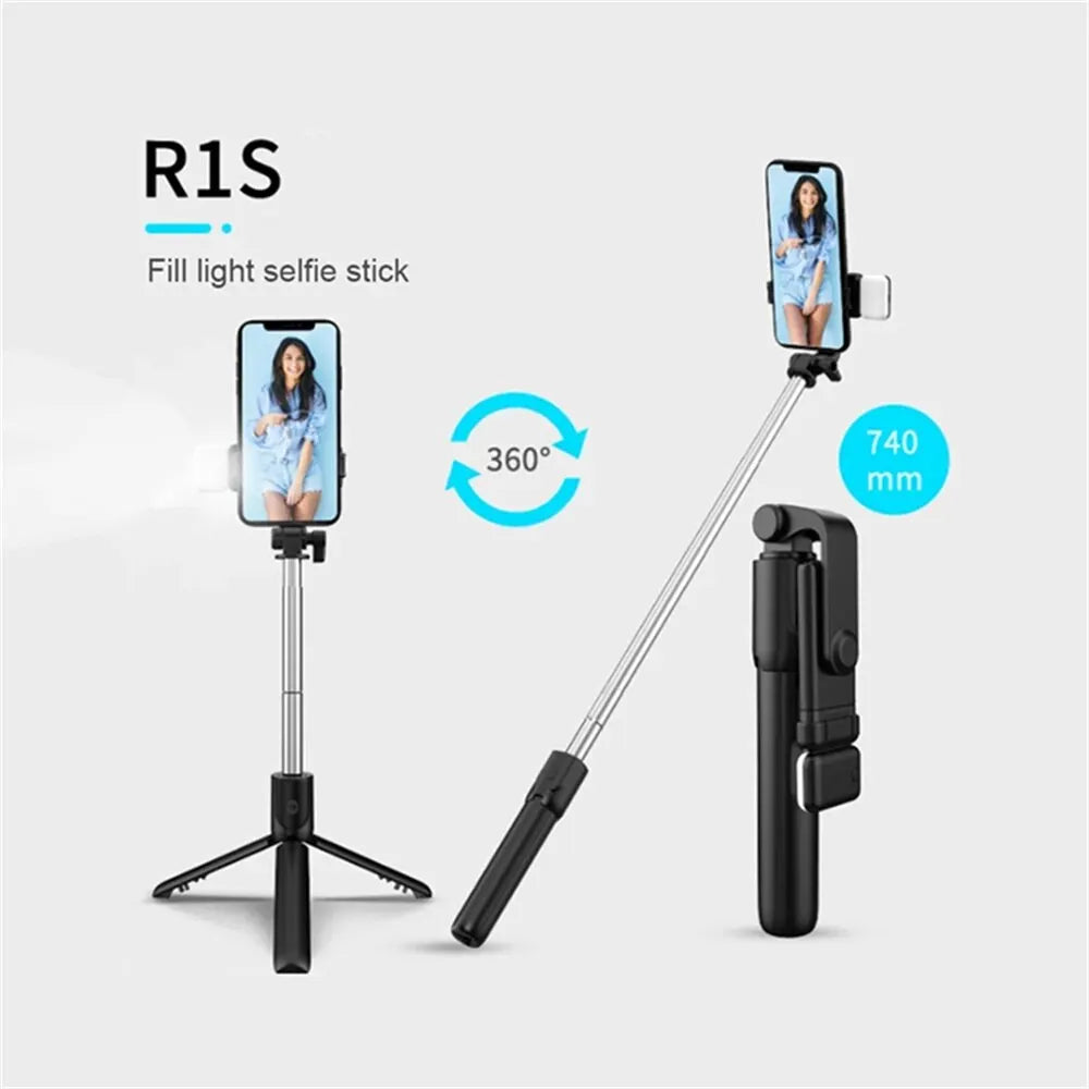 Compact Selfie Stick Tripod – Stainless Steel, Fill Light & Bluetooth Control