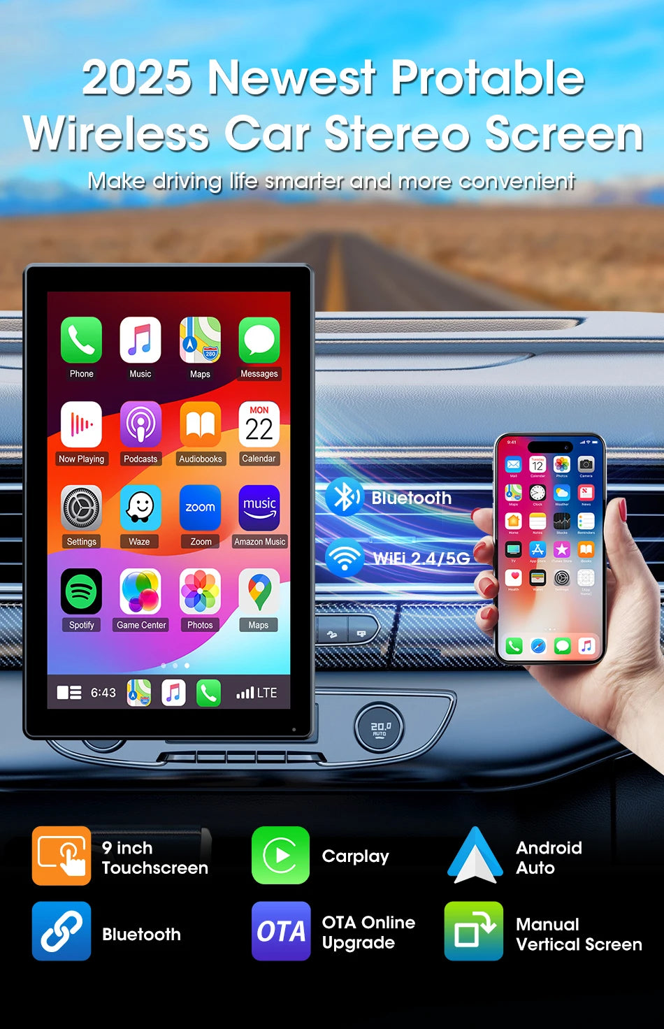 Jansite Smart Car Monitor with Wireless CarPlay & Android Auto – 7–9 Inch