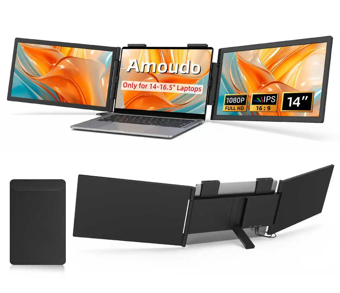 Amoudo 14″ Triple Screen Laptop Extender IPS Monitor | FHD 1920×1080 | USB-C Plug & Play | Portable Dual Screen