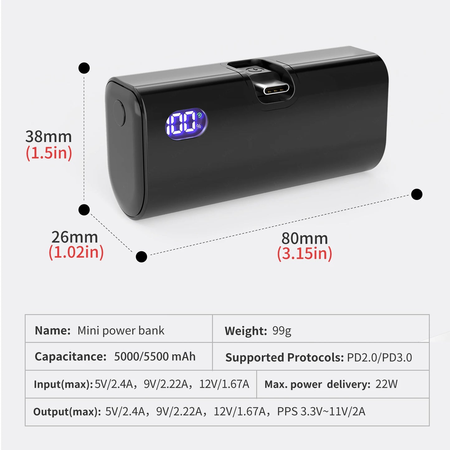 Pocket Power Bank 5000mAh – 22W PD Fast Charge with Foldable Plug
