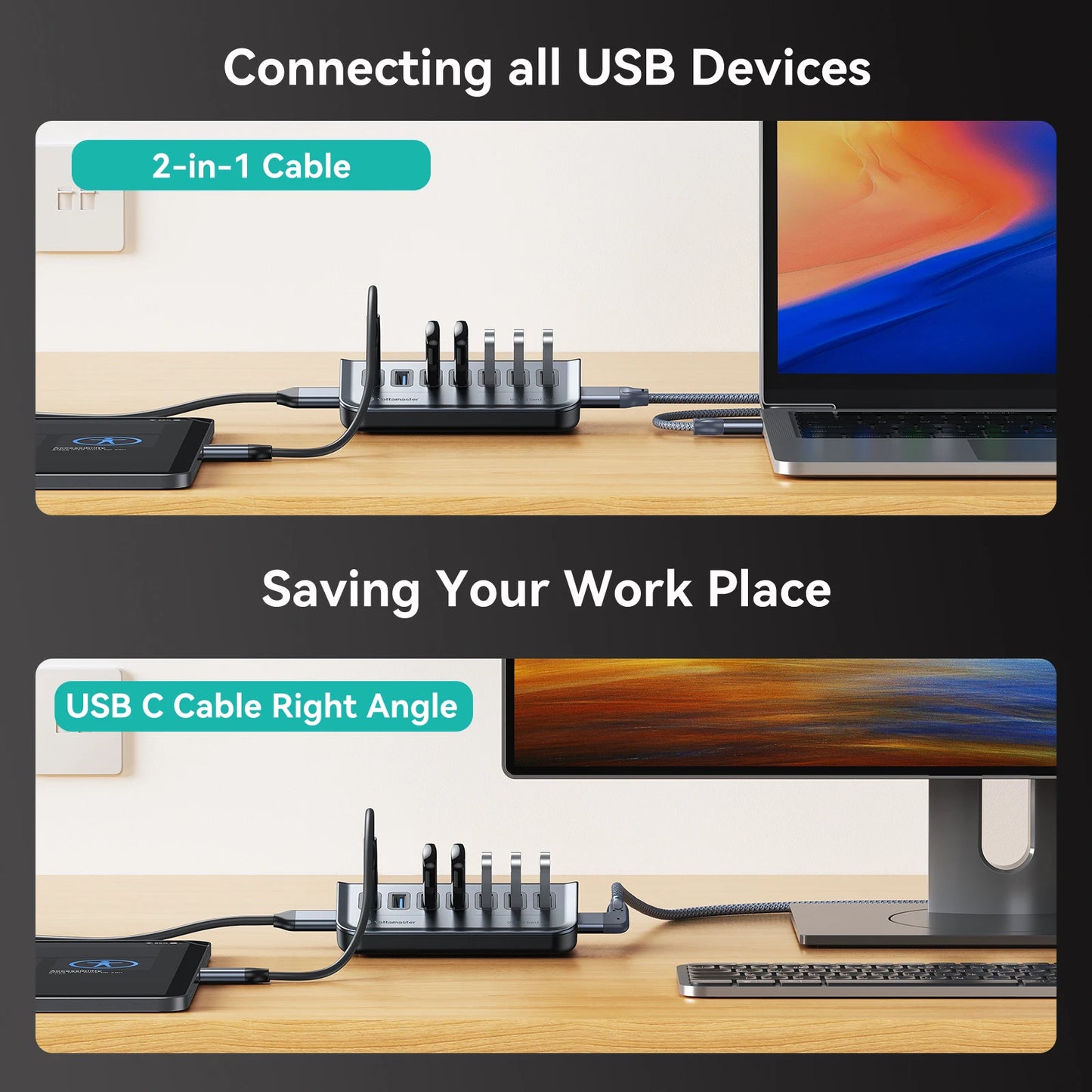 GA1 USB-C Hub with Power Supply – 7 Ports, 10Gbps High-Speed Data Transfer