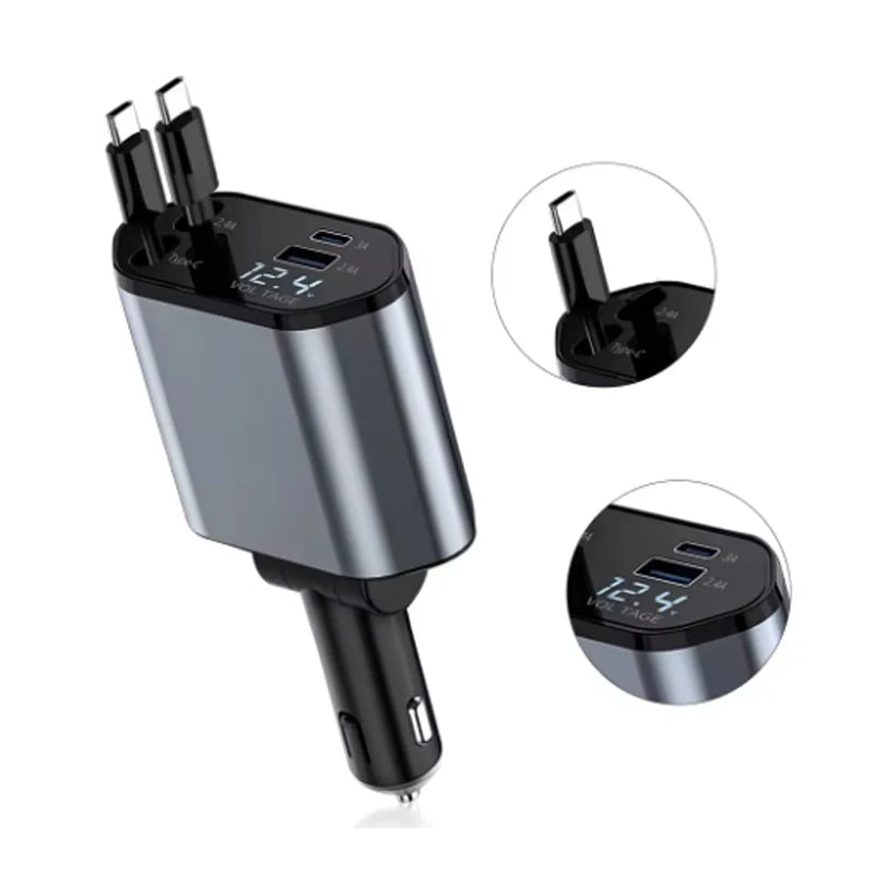 4-in-1 Retractable Car Charger with Starry Sky Ambient Light – USB-C Fast Charging & Dual Built-In Cables (12–24V Universal)
