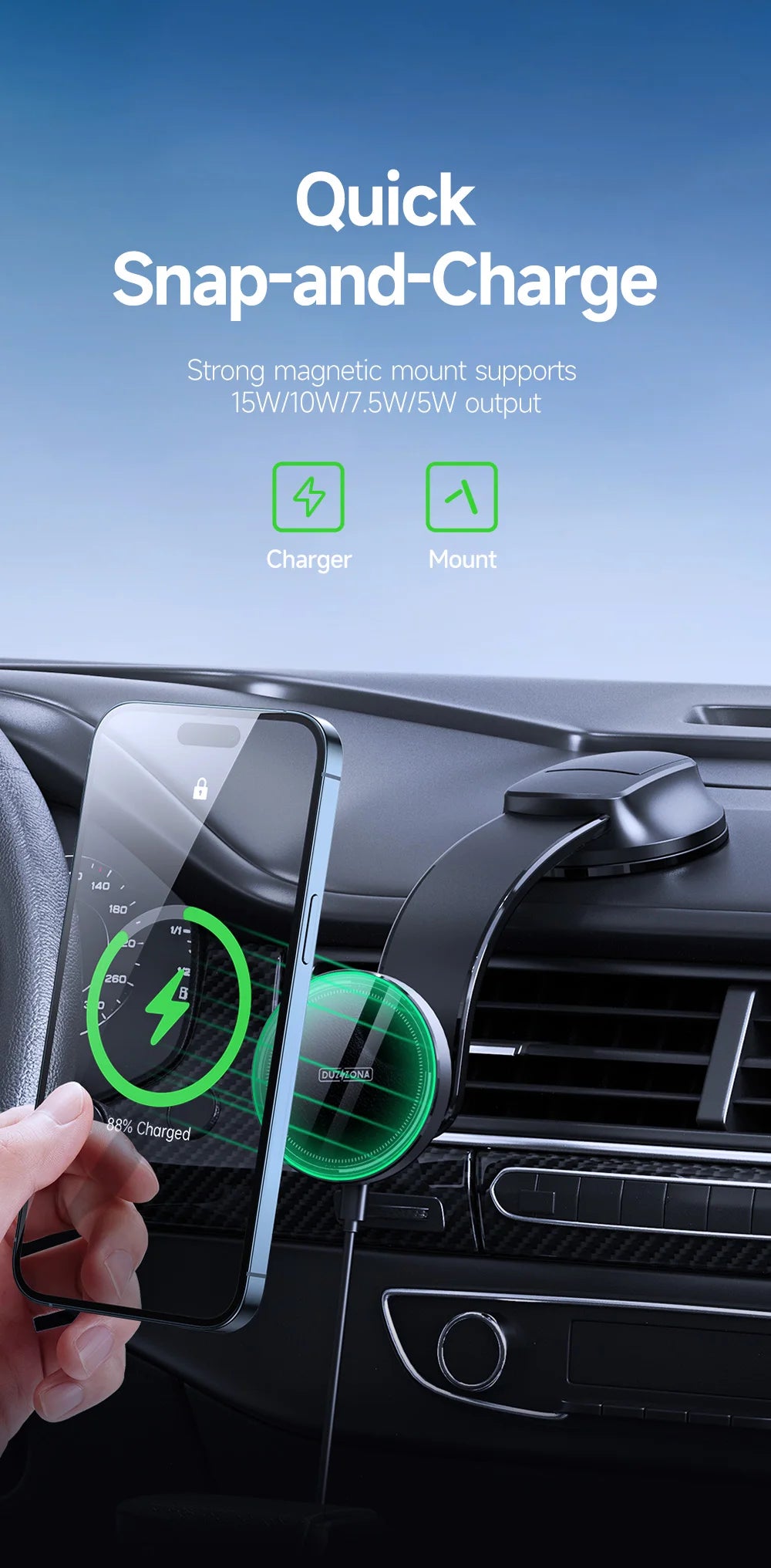 15W Magnetic Car Charger with Type-C Cable for iPhone