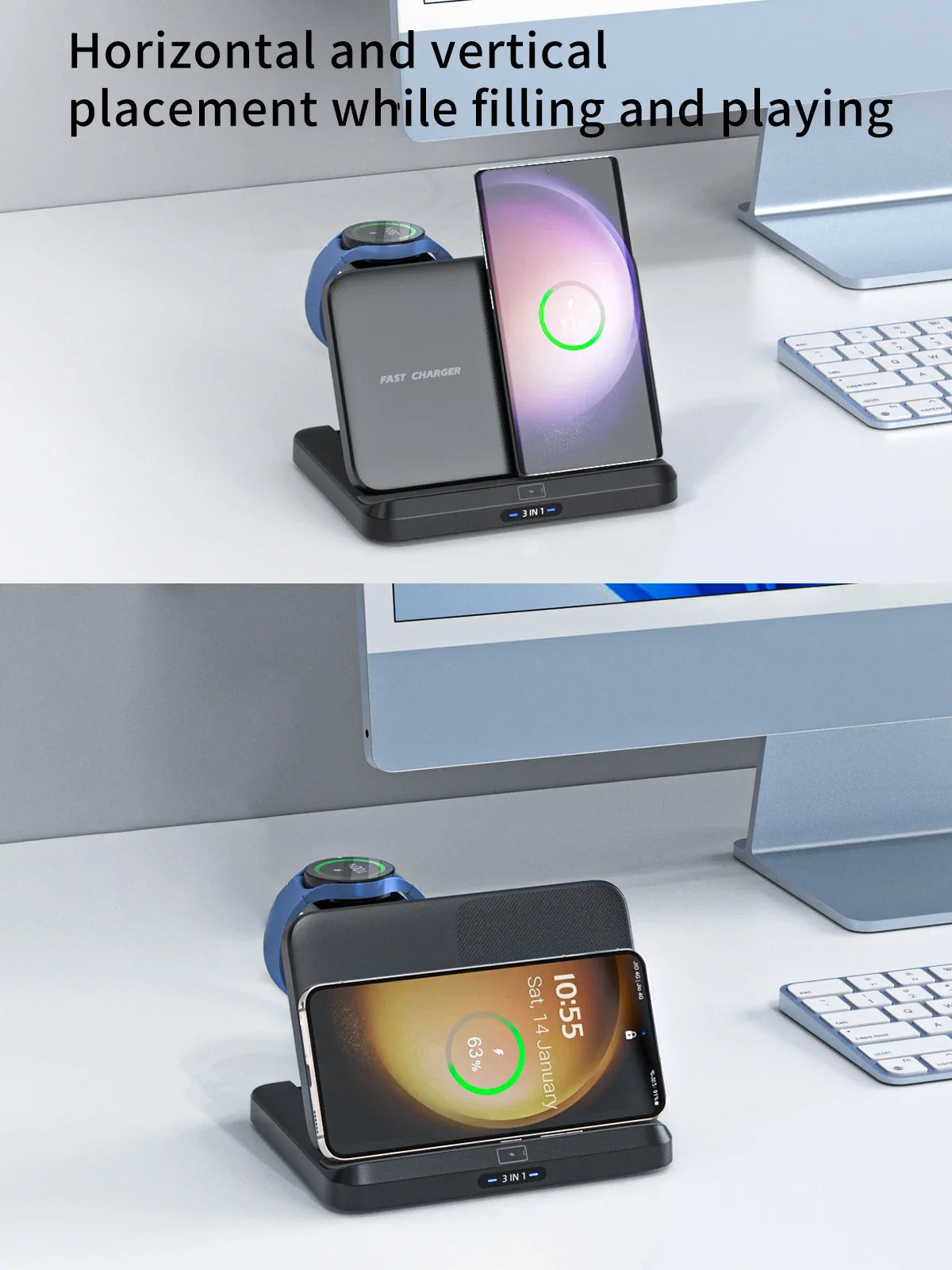VIKEFON Foldable 3-in-1 Wireless Charger with Cooling Fan for Samsung Devices