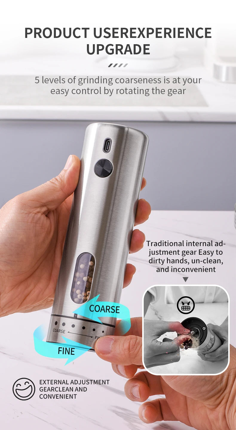 FLYMUYU Electric Salt & Pepper Grinder – Rechargeable Stainless Steel Spice Mill with Adjustable Coarseness & LED Light
